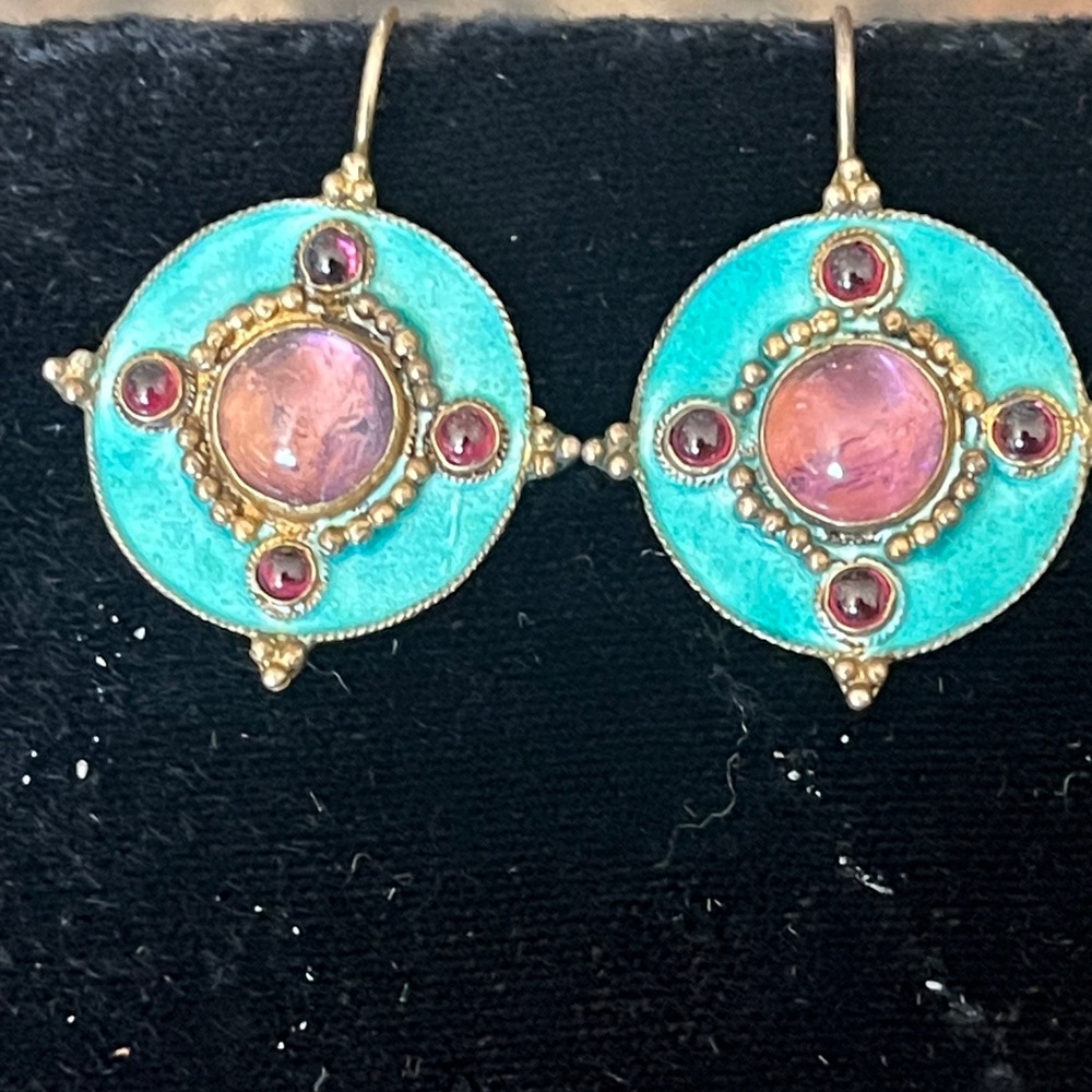 VTG 925 Blue Enamel and Garnet/Amethyst  Gemstone Earrings
